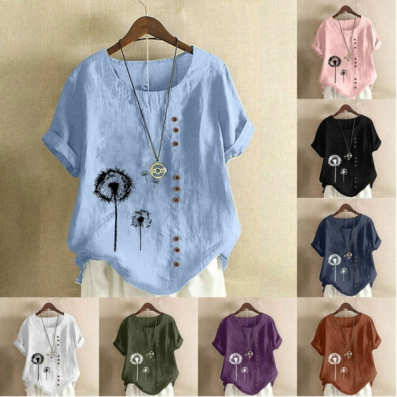 ZZwxWA Linen Shirts for Women Casual Loose Fit Summer Tunic Tops Floral Printed Crew Neck Buttons Short Sleeve Basic Blouses