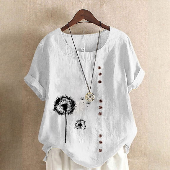 ZZwxWA Linen Shirts for Women Casual Loose Fit Summer Tunic Tops Floral Printed Crew Neck Buttons Short Sleeve Basic Blouses