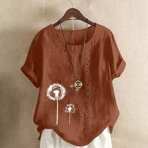 ZZwxWA Linen Shirts for Women Casual Loose Fit Summer Tunic Tops Floral Printed Crew Neck Buttons Short Sleeve Basic Blouses