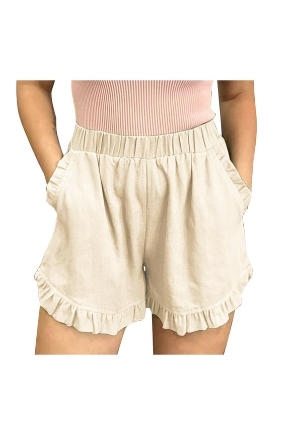 Linen Shorts for Women Scallop Hem Elastic Shorts Summer Beach Casual Comfy Shorts Bermuda Shorts High Waist Pants