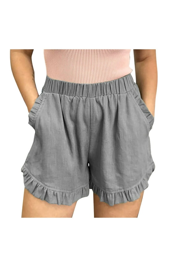 Linen Shorts for Women Scallop Hem Elastic Shorts Summer Beach Casual Comfy Shorts Bermuda Shorts High Waist Pants