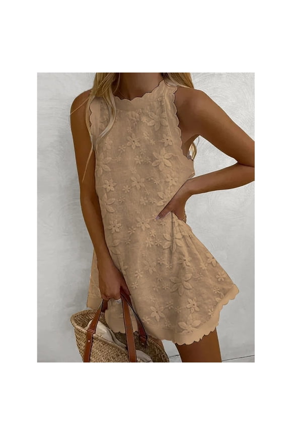 Linen Tank Tops for Women Summer Mini Sundress Loose Fit Sleeveless Tunic Tops Plus Size Stylish Lace Hem Tunic Dress