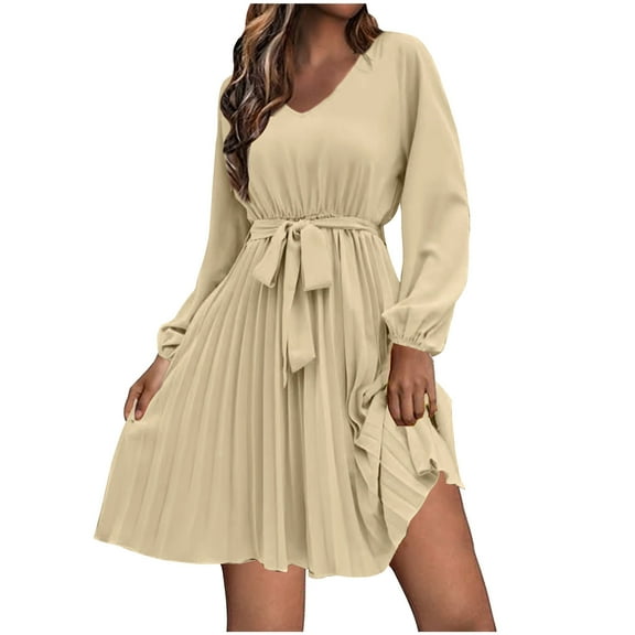 ZZwxWA Long Sleeve Mini Dress for Women 2025 New Casual V-Neck Belted Dress Loose A Line Flowy Pleated Dress Solid Elegant Evening Cocktail Party Formal Sundress