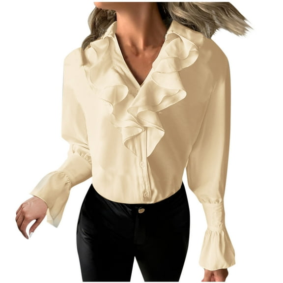 ZZwxWA Long Sleeve Shirts for Women Ruffle Top V Neck Turndown Collar Reffle Sleeve Blouse Ladies Solid Elegant Dressy Tops Casual Blouse Summer Gift Cute Party