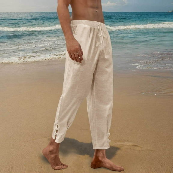 ZZwxWA Man Pants Solid-Color Loose Casual Pocket Cotton-Linen Elastic-Waist Drawstring Split-Leg Full Length Pants Plus Size Festival Gift