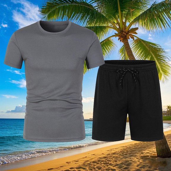 ZZwxWA Man Solid-Color Casual Running Fitness Exercise Pocket Drawstring Shorts Short Sleeve Round Neck Beach Sets 50% Off Clear