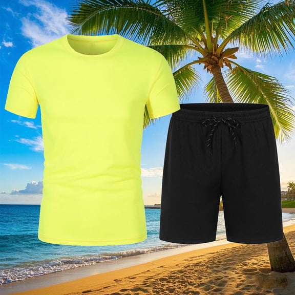 ZZwxWA Man Solid-Color Casual Running Fitness Exercise Pocket Drawstring Shorts Short Sleeve Round Neck Beach Sets 50% Off Clear