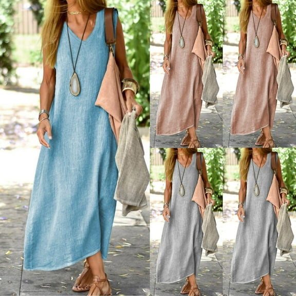 ZZwxWA Maxi Dress for Women, 2025 Spring Summer Cotton Linen Boho Casual Fashion Sleeveless Dress for Holiday