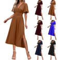 thumbnail image 1 of ZZwxWA Maxi Dress for Women Wrap V Neck Short Sleeve Empire Pleated Waist Summer Casual Elegant Long Dresses with Pockets, 1 of 7