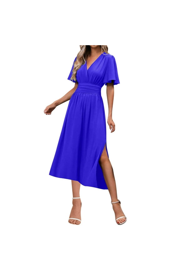 Maxi Dress for Women Wrap V Neck Short Sleeve Empire Pleated Waist Summer Casual Elegant Long Dresses with Pockets