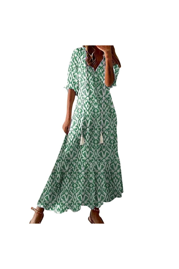 Maxi Dresses for Women Elbow-Length V-Neck Geometric Print Summer Long Dress Plus Size Loose Swing Tassel Beach Boho Long Sun Dresses Green XXXL