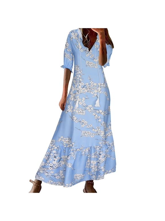 Maxi Dresses for Women Elbow-Length V-Neck Geometric Print Summer Long Dress Plus Size Loose Swing Tassel Beach Boho Long Sun Dresses Blue L