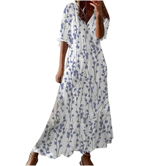 ZZwxWA Maxi Dresses for Women Elbow-Length V-Neck Geometric Print Summer Long Dress Plus Size Loose Swing Tassel Beach Boho Long Sun Dresses Blue M