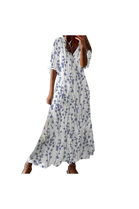 Maxi Dresses for Women Elbow-Length V-Neck Geometric Print Summer Long Dress Plus Size Loose Swing Tassel Beach Boho Long Sun Dresses Blue XL