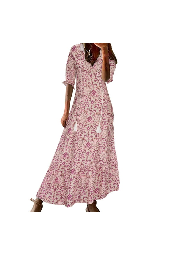 Maxi Dresses for Women Elbow-Length V-Neck Geometric Print Summer Long Dress Plus Size Loose Swing Tassel Beach Boho Long Sun Dresses Pink XL