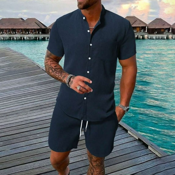 ZZwxWA Men 2 Piece Outfits Shorts Summer Short Sleeve Tops and Shorts Sets Outdoor Vacation Beach Outfits Henley Shirts and Shorts Texture Online Shopping