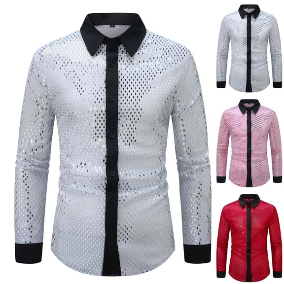 ZZwxWA Men 70s Retro Rockabilly Shiny Shirts, Long Sleeve Slim Fashion Rave Tops Nightclub Button Down Lapel Sequin Clothes Sales