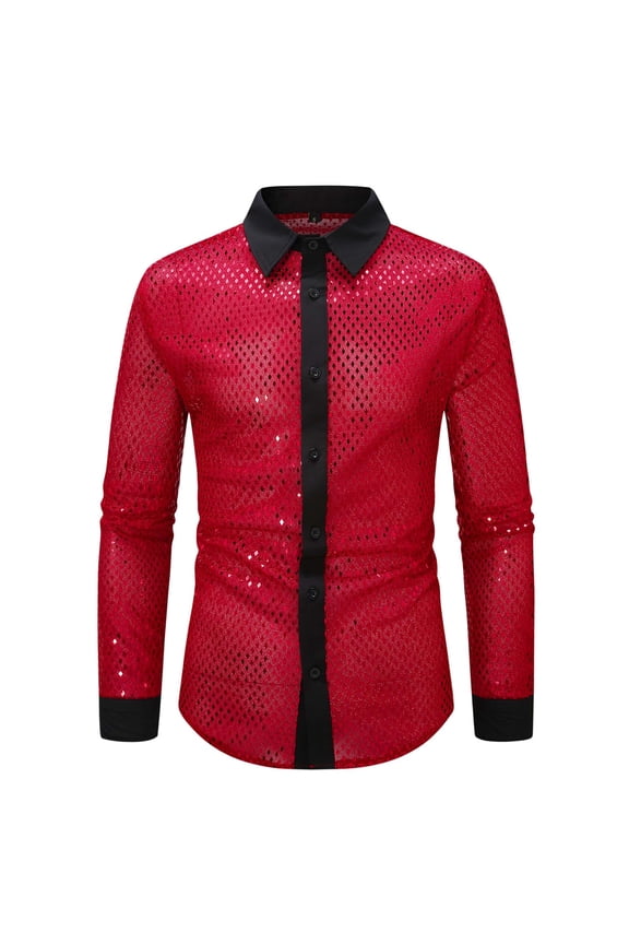 Men 70s Retro Rockabilly Shiny Shirts, Long Sleeve Slim Fashion Rave Tops Nightclub Button Down Lapel Sequin Clothes