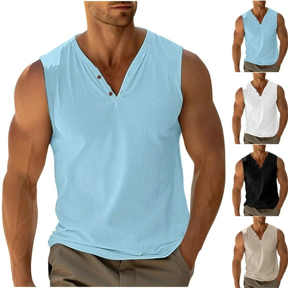 ZZwxWA Men Casual Tanks V Neck Button Sleeveless Henley Shirts Basic Solid Color Tank Tops Summer Beach Vacation Muscle Vests