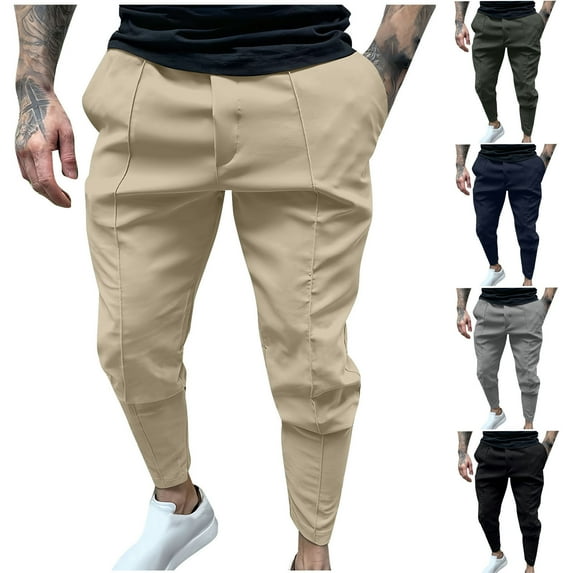 Brondbend Men Pants Men Elastic Solid Color Zipper Multiple Pockets Foot Binding Elastic Waist Draw Rope Trousers Cargo Pants for Men My Order
