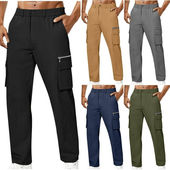 ZZwxWA Men Pants Men Solid Casual Pockets Button Zipper Elastic Waist Outdoor Straight Type Pants Cargo Pants Trousers Golf Pants Men Holiday Saving