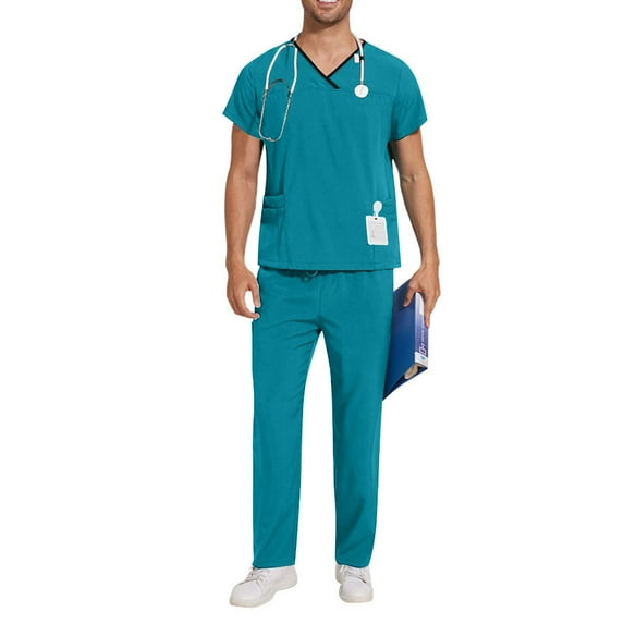 ZZwxWA Men Scrubs Set — Stretch V-Neck Scrub Top & Drawstring Pant with Pockets, Yoga Waistband, Anti-Wrinkle Scrubs for Men Festival Gift