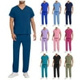 thumbnail image 1 of ZZwxWA Men Scrubs Set — Stretch V-Neck Scrub Top & Drawstring Pant with Pockets, Yoga Waistband, Anti-Wrinkle Scrubs for Men Summer Saving, 1 of 7
