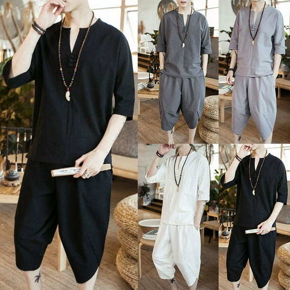 ZZwxWA Men's 2 Pieces Cotton Linen Set Short Sleeve Shirts and Casual Beach Shorts with Pockets Summer Yoga Outfits Plus Size Holiday