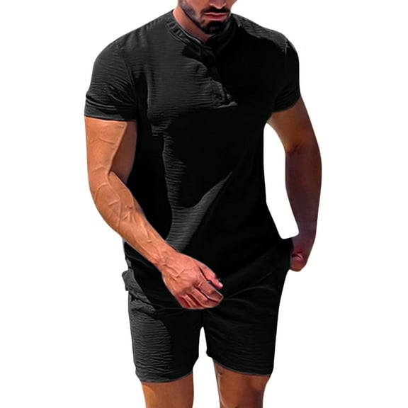 ZZwxWA Men's 2 Pieces Cotton Linen Set Solid Color Short Sleeve Lapel Shirts and Casual Beach Shorts with Pockets Summer Loose Outfits Summer Saving