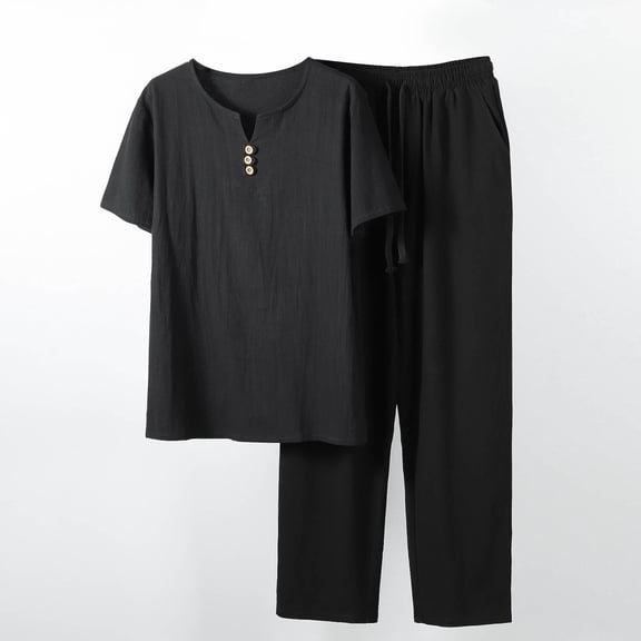 Brondbend Men's 2 Pieces Set Short Sleeve Henley Shirts Casual Beach Pants Summer Yoga Outfits Loose 2 PC Outfit Holiday Gift Finder