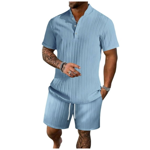 ZZwxWA Men's 2 Pieces Set Short Sleeve Textured Henley Shirt and Shorts Sets Summer Beach Yoga Matching Outfits Tracksuit up to 50% Off