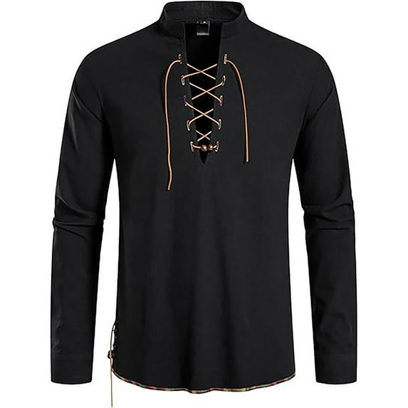 ZZwxWA Men's Classic Lace Up Stand Collar Shirts Vintage Renaissance Pirate Costume Long Sleeve Tops for Medieval Viking Holiday Deals