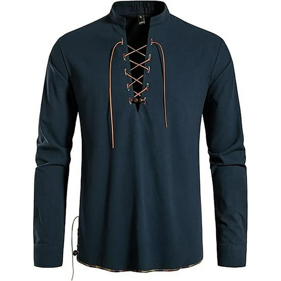 ZZwxWA Men's Classic Lace Up Stand Collar Shirts Vintage Renaissance Pirate Costume Long Sleeve Tops for Medieval Viking up to 45% Off