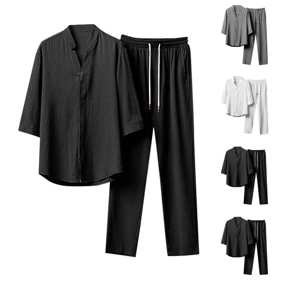 ZZwxWA Men's Linen Sets Henley Shirts 2 Piece Vacation Outfits 2025 Summer Beach Casual Suit Long Sleeve Shirt Yoga Pants Festival Gift
