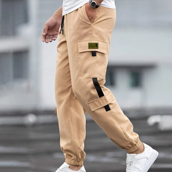 ZZwxWA Men's Pants Men Solid Color Elastic Waistband Multi Pocket Workwear Retro Casual Leg Tied Pants Sweatpants for Men Summer Saving