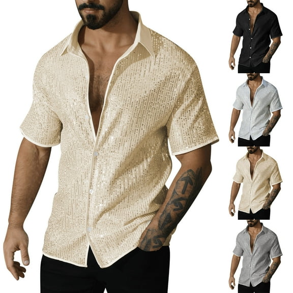 ZZwxWA Men's Retro Glitter Shirt Short Sleeve Button Down Disco Party Stage Wear Solid Color 70s Vintage Club Night Out Shiny Top
