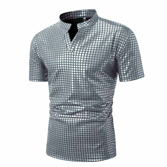 ZZwxWA Men's Shiny Sequins Short Sleeve Party Shirt Slim Fit Nightclub Costume Tops Mens Lapel Neck Summer Tshirts