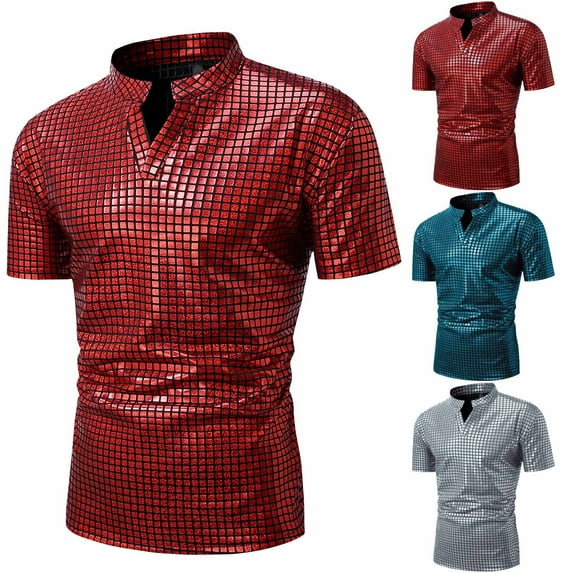 ZZwxWA Men's Shiny Sequins Short Sleeve Party Shirt Slim Fit Nightclub Costume Tops Mens Lapel Neck Summer Tshirts