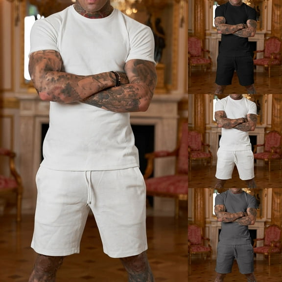 ZZwxWA Men's Short Sets Short Sleeve T-Shirts and Shorts Matching Set Solid Color Summer Outfits Casual Tracksuit