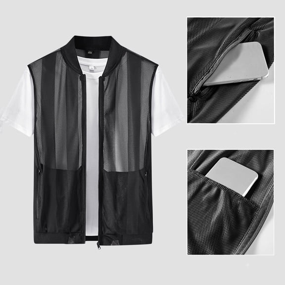 ZZwxWA Men's Summer Vest Casual Lightweight Breathable Mesh Cycling Travel Zip Vest Thin Sports Standing Collar Skin Fishing Vest with Pocket