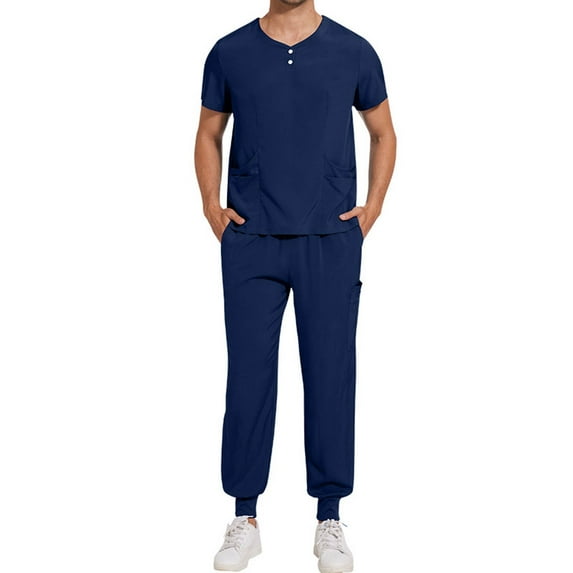 ZZwxWA Men's Workwear Scrubs Set — Stretch Short Sleeve Scrub Tops & Drawstring Jogger Pants with Pockets Solid Color Quick-drying Gown Protective-Suit up to 65% Off