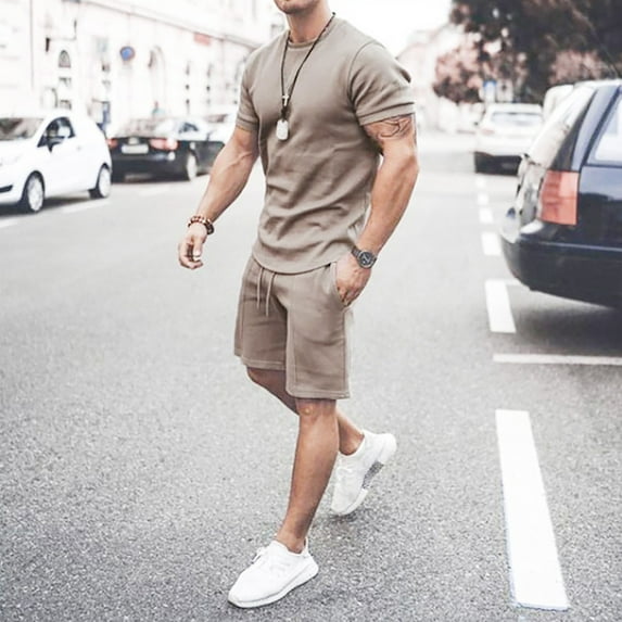 ZZwxWA Mens 2 Piece Summer Outfits Casual Crewneck Muscle Short Sleeve Tee Shirts and Classic Fit Sport Shorts Tracksuit Set Deals