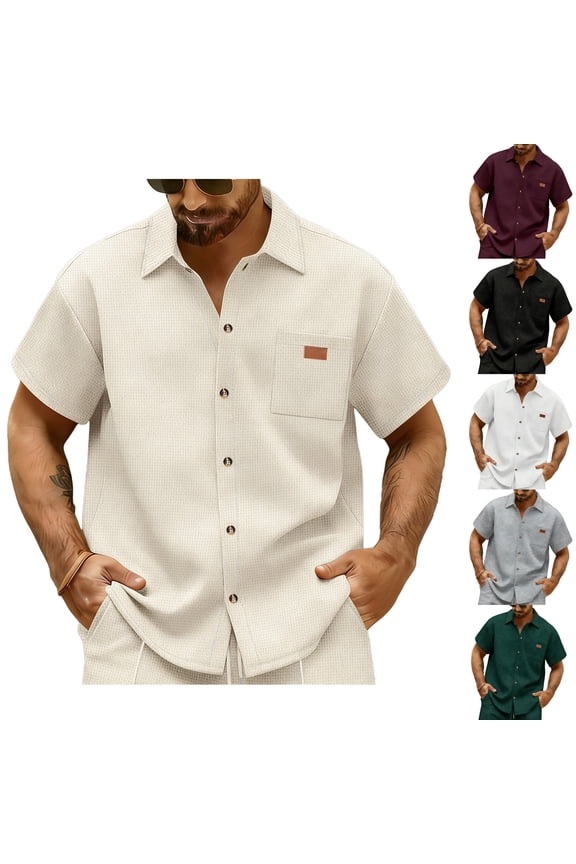Mens Button Up Shirts Short Sleeve Untucked Shirts with Pocket for Summer Beach Vacation