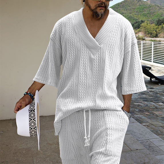 ZZwxWA Mens Casual 2 Piece Outfits Knit V Neck Short Sleeve Tshirts and Shorts Set Tracksuits with Pockets up to 50% Off