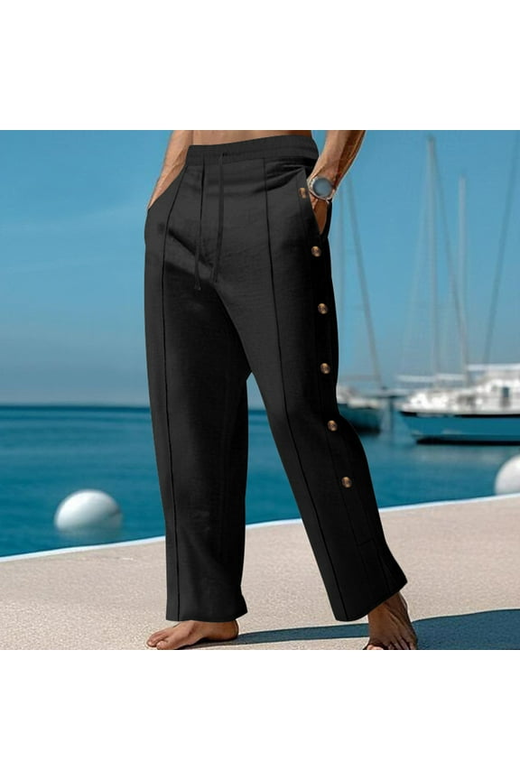 Mens Casual Cotton Linen Pants Drawstring Striped Side Button Elastic Waist Trousers Sports Workout Yoga Summer Pant