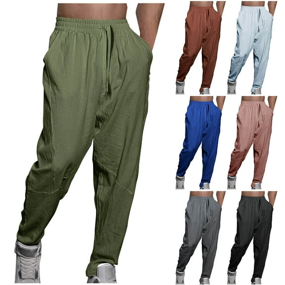 ZZwxWA Mens Casual Cotton Linen Pants Elastic Waist Drawstring Lounge Tapered Pant Loose Lightweight Yoga Pants with Pockets Holiday