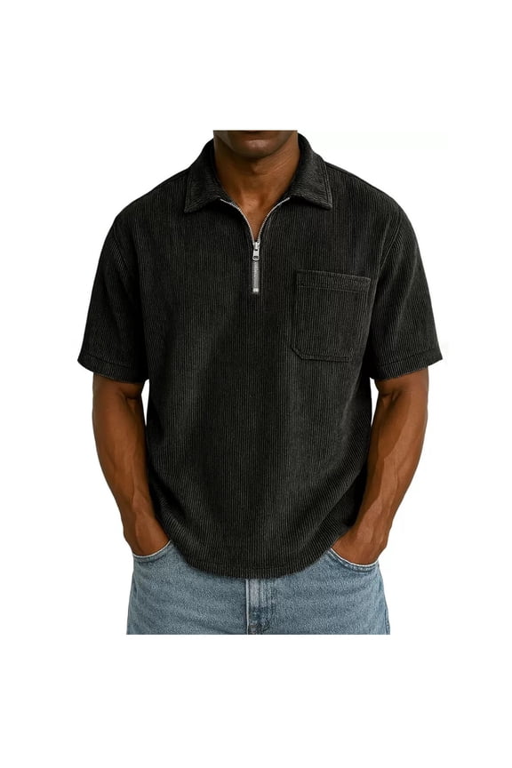 Mens Corduroy Henley Shirt Short Sleeve Solid Color Tennis Golf Collar Shirt