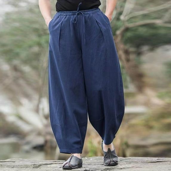 ZZwxWA Mens Cotton Linen Baggy Pants Casual Harem Sweatpants Drawstring Elastic Waist Yoga Pants Loose Fit Lantern Trouser Solid Color
