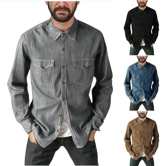ZZwxWA Mens Denim Dress Shirt Comfy Soft Wrinkle-Free Stretch Long Sleeve Jean Work Shirts Regular Fit Button Down Shirts Sale