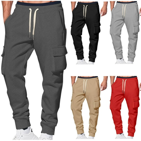 Brondbend Mens Fleece Cargo Sweatpants Heavyweight Elastic Waist Pants with Pockets Baggy Drawstring Jogger Pants Holiday Saving
